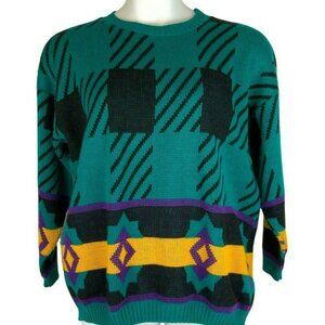 Bright Lights Vintage 90s Oversized Geometric Sweater Teal Purple Yellow Acrylic